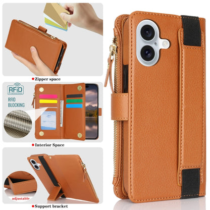 For iPhone 16 Wristband Holder Zipper Purse RFID Leather Phone Case(Brown) - iPhone 16 Cases by buy2fix | Online Shopping UK | buy2fix