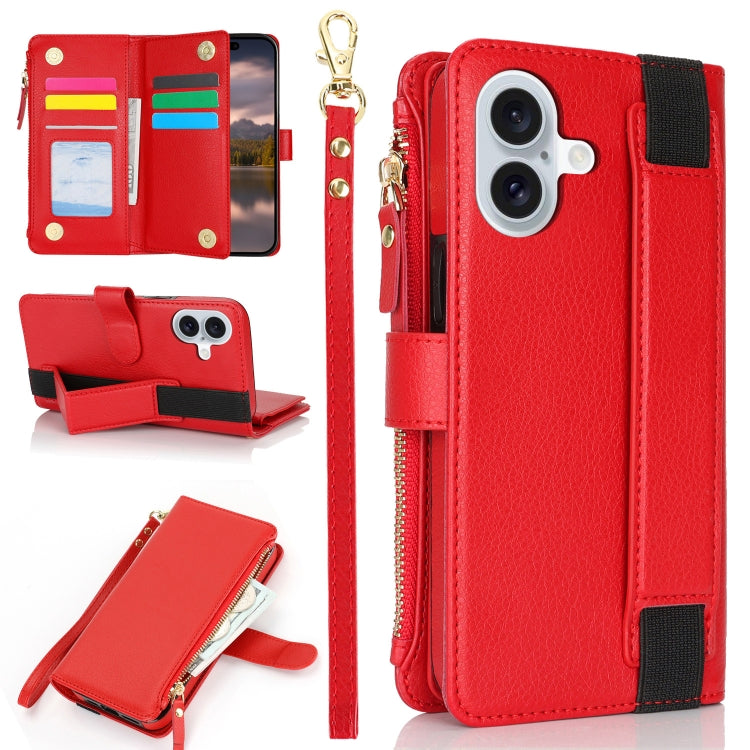 For iPhone 16 Wristband Holder Zipper Purse RFID Leather Phone Case(Red) - iPhone 16 Cases by buy2fix | Online Shopping UK | buy2fix