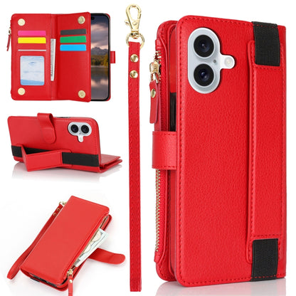 For iPhone 16 Wristband Holder Zipper Purse RFID Leather Phone Case(Red) - iPhone 16 Cases by buy2fix | Online Shopping UK | buy2fix