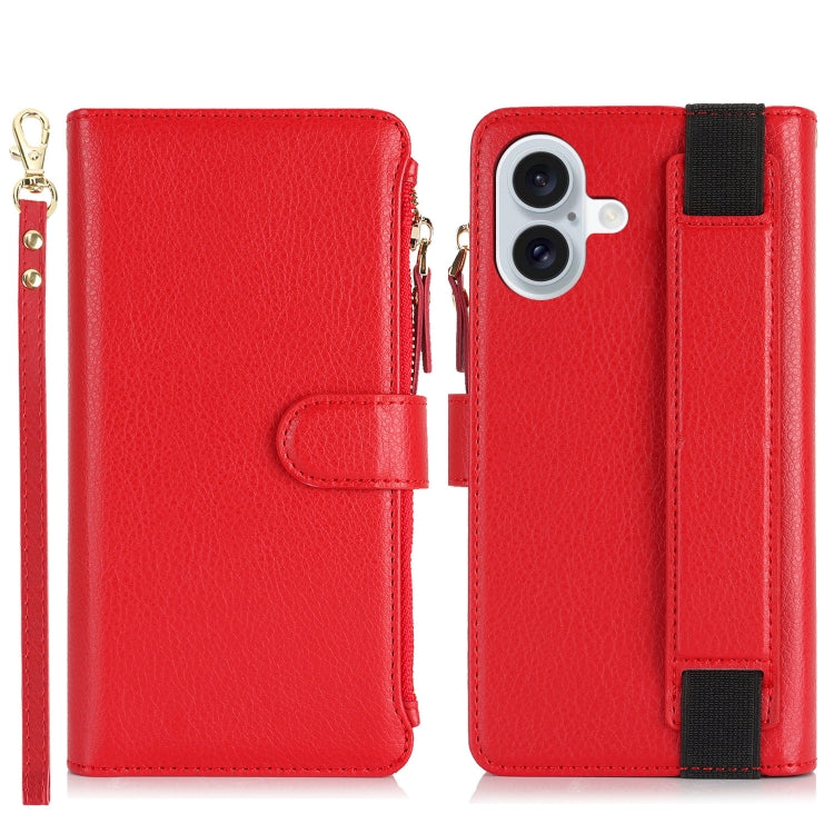 For iPhone 16 Wristband Holder Zipper Purse RFID Leather Phone Case(Red) - iPhone 16 Cases by buy2fix | Online Shopping UK | buy2fix