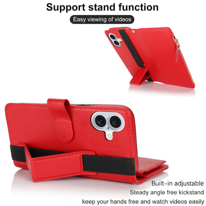 For iPhone 16 Wristband Holder Zipper Purse RFID Leather Phone Case(Red) - iPhone 16 Cases by buy2fix | Online Shopping UK | buy2fix