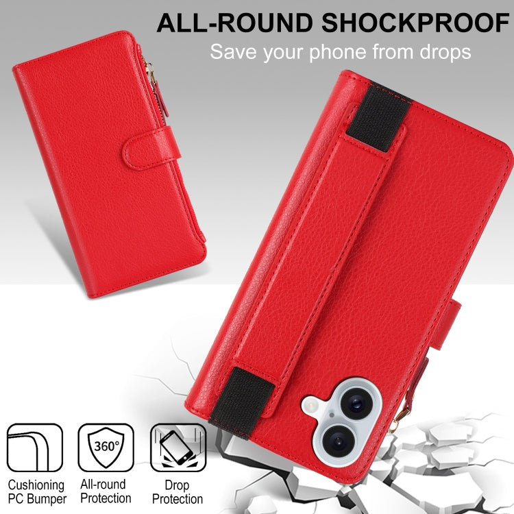 For iPhone 16 Wristband Holder Zipper Purse RFID Leather Phone Case(Red) - iPhone 16 Cases by buy2fix | Online Shopping UK | buy2fix
