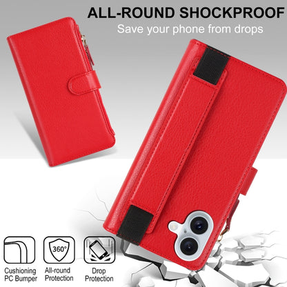For iPhone 16 Wristband Holder Zipper Purse RFID Leather Phone Case(Red) - iPhone 16 Cases by buy2fix | Online Shopping UK | buy2fix