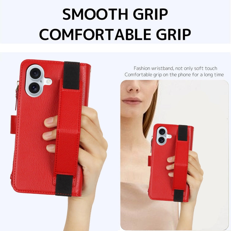 For iPhone 16 Wristband Holder Zipper Purse RFID Leather Phone Case(Red) - iPhone 16 Cases by buy2fix | Online Shopping UK | buy2fix