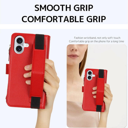 For iPhone 16 Wristband Holder Zipper Purse RFID Leather Phone Case(Red) - iPhone 16 Cases by buy2fix | Online Shopping UK | buy2fix