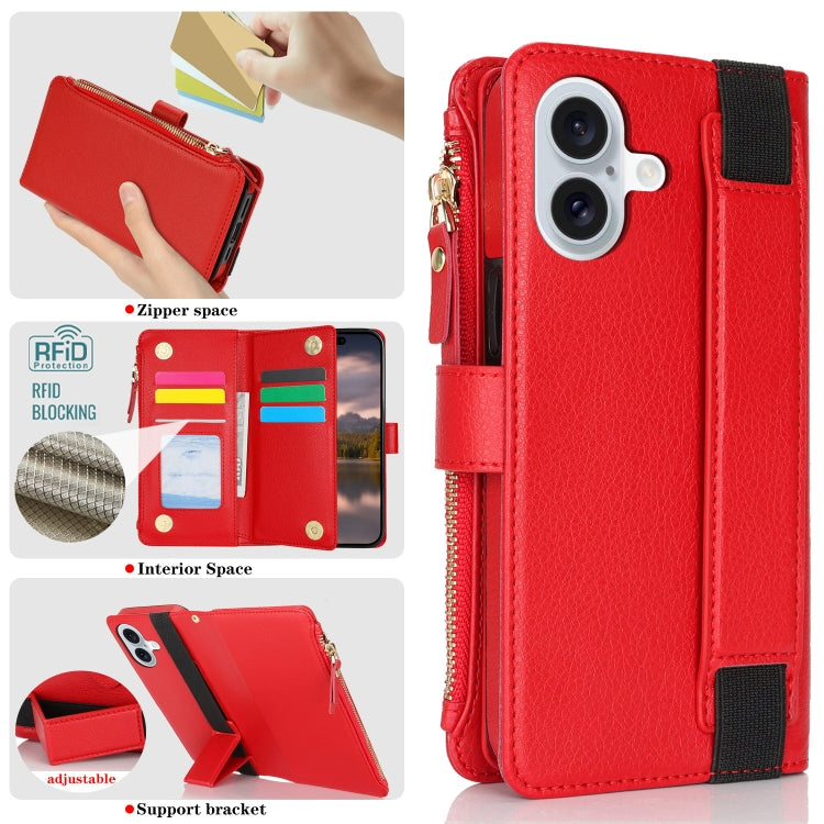 For iPhone 16 Wristband Holder Zipper Purse RFID Leather Phone Case(Red) - iPhone 16 Cases by buy2fix | Online Shopping UK | buy2fix