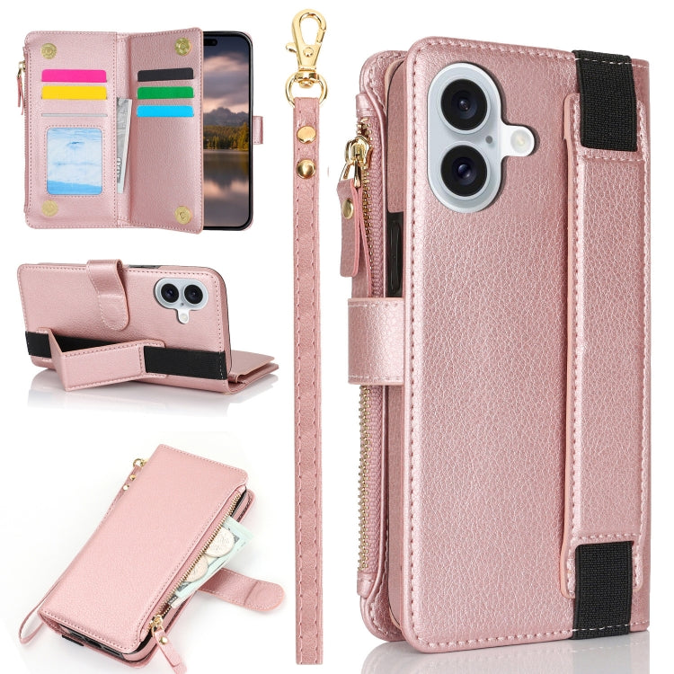 For iPhone 16 Wristband Holder Zipper Purse RFID Leather Phone Case(Rose Gold) - iPhone 16 Cases by buy2fix | Online Shopping UK | buy2fix