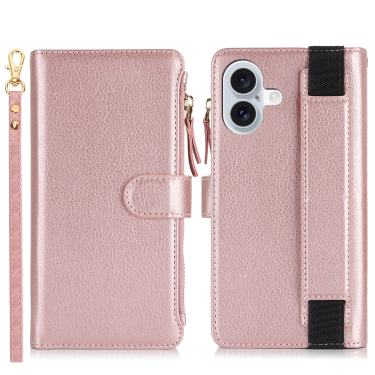For iPhone 16 Wristband Holder Zipper Purse RFID Leather Phone Case(Rose Gold) - iPhone 16 Cases by buy2fix | Online Shopping UK | buy2fix