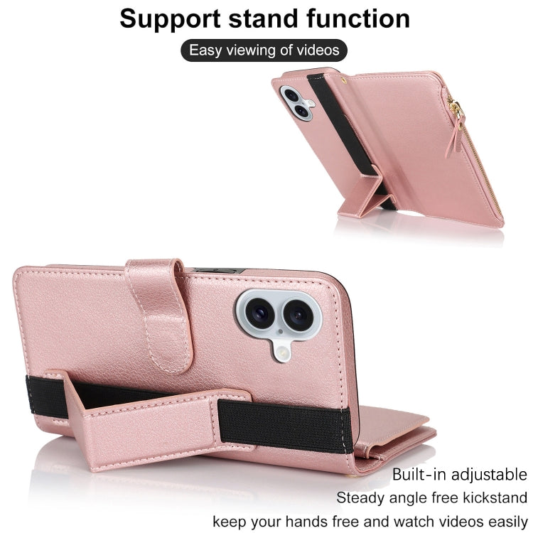 For iPhone 16 Wristband Holder Zipper Purse RFID Leather Phone Case(Rose Gold) - iPhone 16 Cases by buy2fix | Online Shopping UK | buy2fix