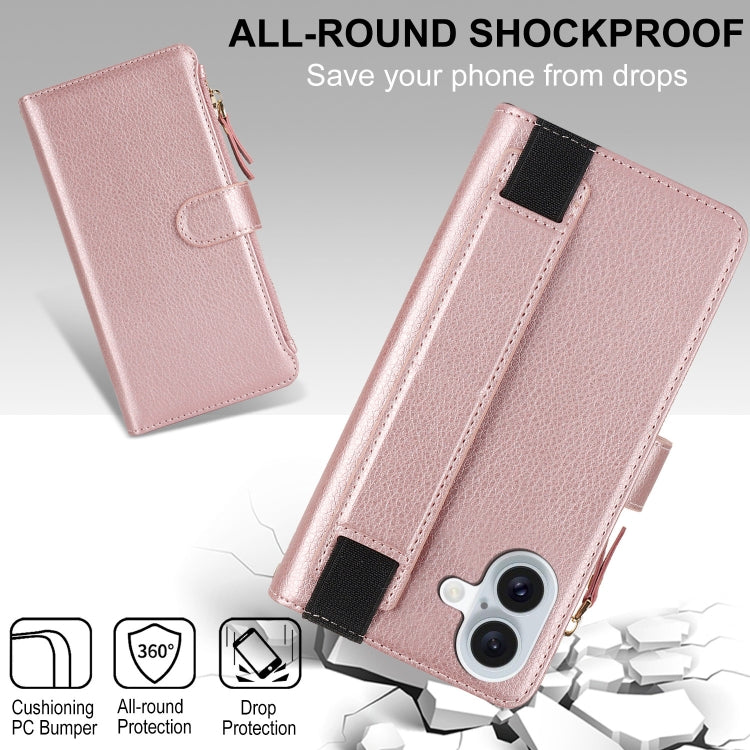 For iPhone 16 Wristband Holder Zipper Purse RFID Leather Phone Case(Rose Gold) - iPhone 16 Cases by buy2fix | Online Shopping UK | buy2fix