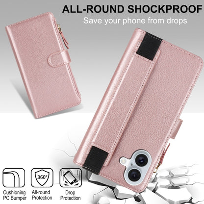 For iPhone 16 Wristband Holder Zipper Purse RFID Leather Phone Case(Rose Gold) - iPhone 16 Cases by buy2fix | Online Shopping UK | buy2fix