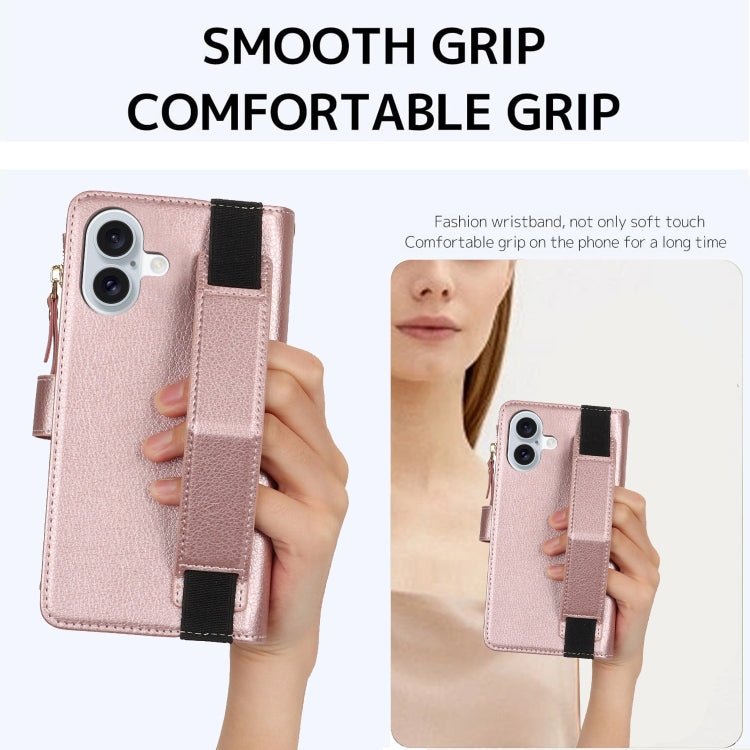 For iPhone 16 Wristband Holder Zipper Purse RFID Leather Phone Case(Rose Gold) - iPhone 16 Cases by buy2fix | Online Shopping UK | buy2fix