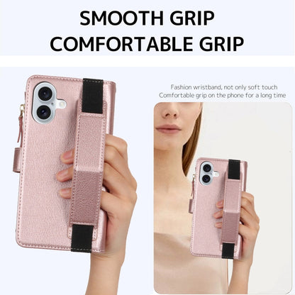 For iPhone 16 Wristband Holder Zipper Purse RFID Leather Phone Case(Rose Gold) - iPhone 16 Cases by buy2fix | Online Shopping UK | buy2fix