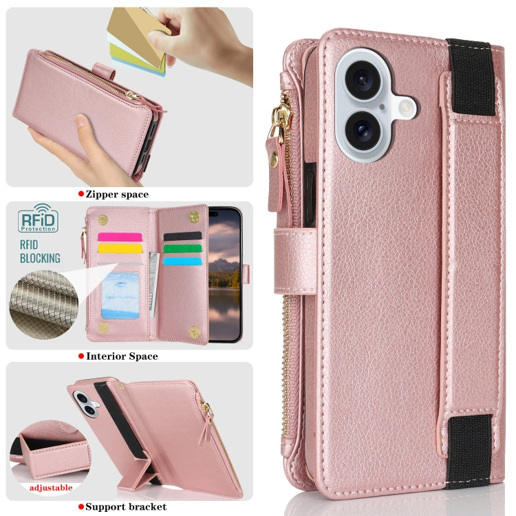 For iPhone 16 Wristband Holder Zipper Purse RFID Leather Phone Case(Rose Gold) - iPhone 16 Cases by buy2fix | Online Shopping UK | buy2fix