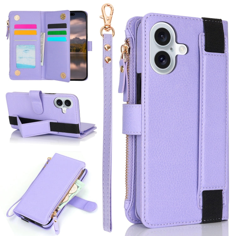 For iPhone 16 Wristband Holder Zipper Purse RFID Leather Phone Case(Purple) - iPhone 16 Cases by buy2fix | Online Shopping UK | buy2fix
