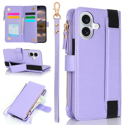 For iPhone 16 Wristband Holder Zipper Purse RFID Leather Phone Case(Purple) - iPhone 16 Cases by buy2fix | Online Shopping UK | buy2fix