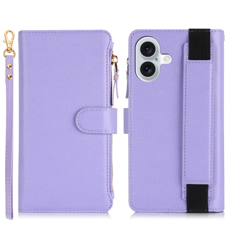 For iPhone 16 Wristband Holder Zipper Purse RFID Leather Phone Case(Purple) - iPhone 16 Cases by buy2fix | Online Shopping UK | buy2fix