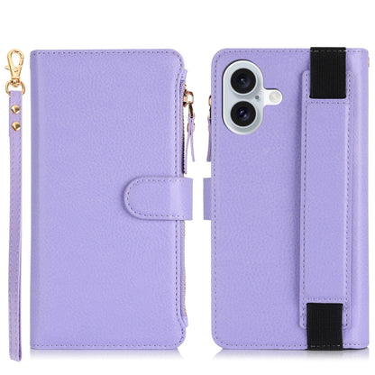 For iPhone 16 Wristband Holder Zipper Purse RFID Leather Phone Case(Purple) - iPhone 16 Cases by buy2fix | Online Shopping UK | buy2fix