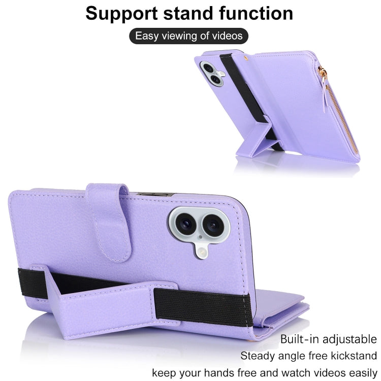 For iPhone 16 Wristband Holder Zipper Purse RFID Leather Phone Case(Purple) - iPhone 16 Cases by buy2fix | Online Shopping UK | buy2fix