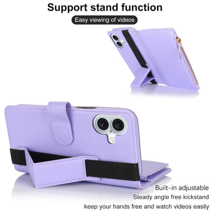 For iPhone 16 Wristband Holder Zipper Purse RFID Leather Phone Case(Purple) - iPhone 16 Cases by buy2fix | Online Shopping UK | buy2fix
