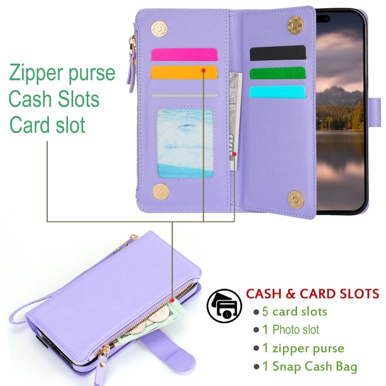 For iPhone 16 Wristband Holder Zipper Purse RFID Leather Phone Case(Purple) - iPhone 16 Cases by buy2fix | Online Shopping UK | buy2fix
