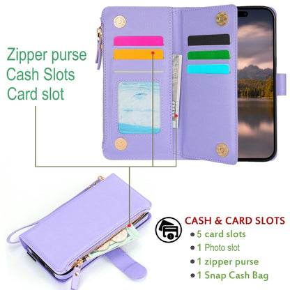 For iPhone 16 Wristband Holder Zipper Purse RFID Leather Phone Case(Purple) - iPhone 16 Cases by buy2fix | Online Shopping UK | buy2fix