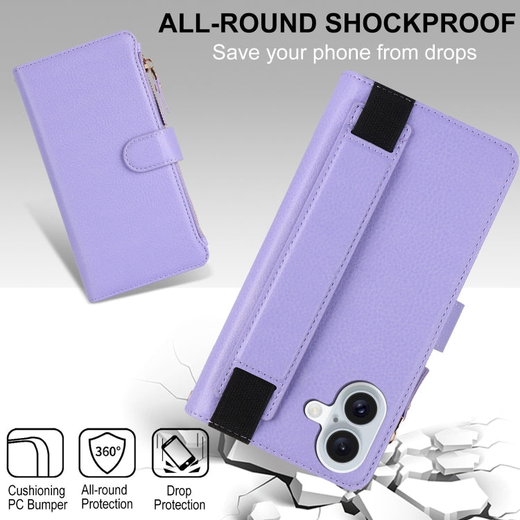 For iPhone 16 Wristband Holder Zipper Purse RFID Leather Phone Case(Purple) - iPhone 16 Cases by buy2fix | Online Shopping UK | buy2fix