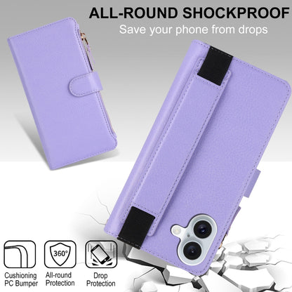 For iPhone 16 Wristband Holder Zipper Purse RFID Leather Phone Case(Purple) - iPhone 16 Cases by buy2fix | Online Shopping UK | buy2fix