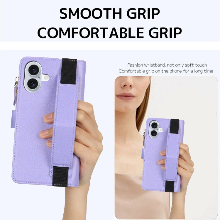For iPhone 16 Wristband Holder Zipper Purse RFID Leather Phone Case(Purple) - iPhone 16 Cases by buy2fix | Online Shopping UK | buy2fix