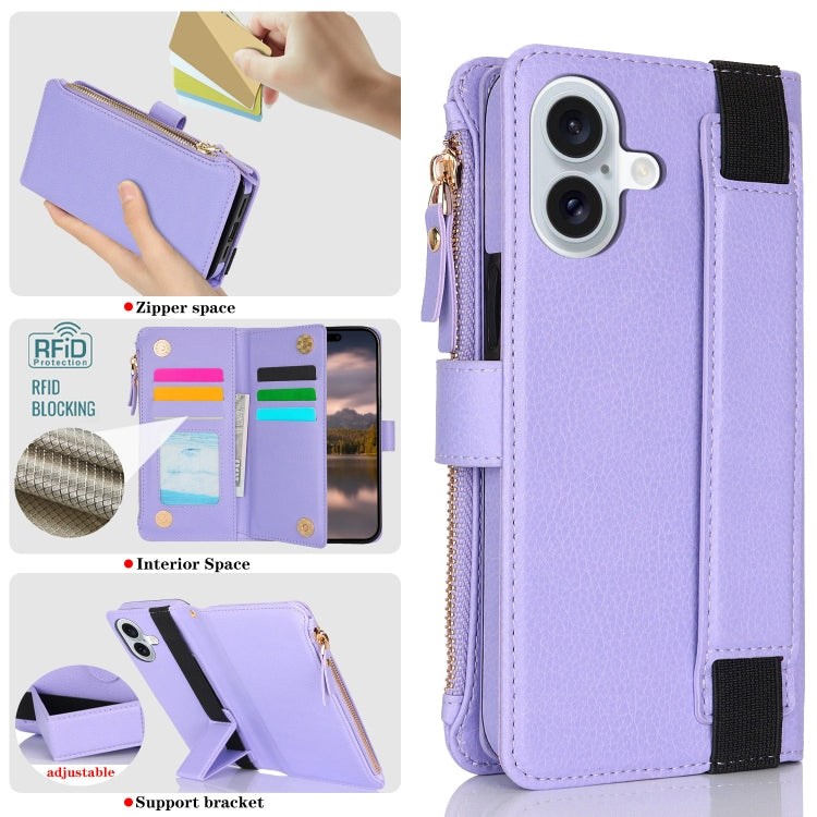For iPhone 16 Wristband Holder Zipper Purse RFID Leather Phone Case(Purple) - iPhone 16 Cases by buy2fix | Online Shopping UK | buy2fix