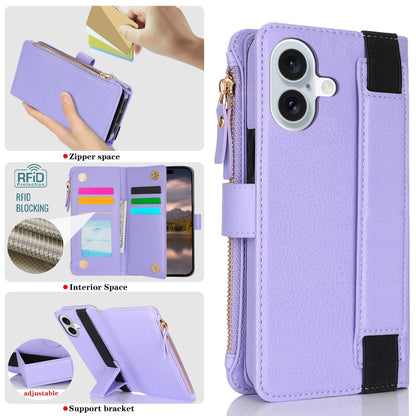 For iPhone 16 Wristband Holder Zipper Purse RFID Leather Phone Case(Purple) - iPhone 16 Cases by buy2fix | Online Shopping UK | buy2fix