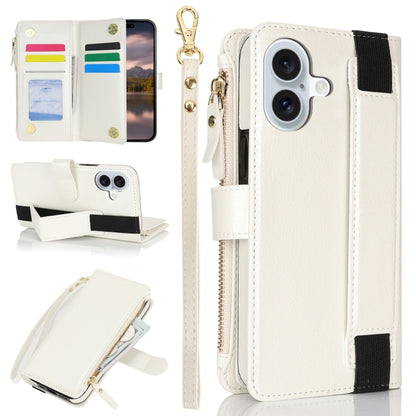 For iPhone 16 Wristband Holder Zipper Purse RFID Leather Phone Case(White) - iPhone 16 Cases by buy2fix | Online Shopping UK | buy2fix