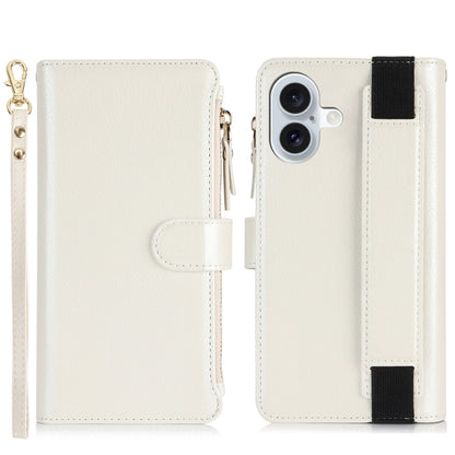 For iPhone 16 Wristband Holder Zipper Purse RFID Leather Phone Case(White) - iPhone 16 Cases by buy2fix | Online Shopping UK | buy2fix