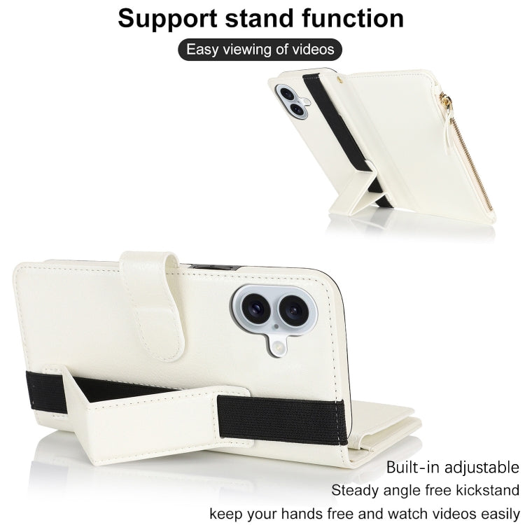 For iPhone 16 Wristband Holder Zipper Purse RFID Leather Phone Case(White) - iPhone 16 Cases by buy2fix | Online Shopping UK | buy2fix