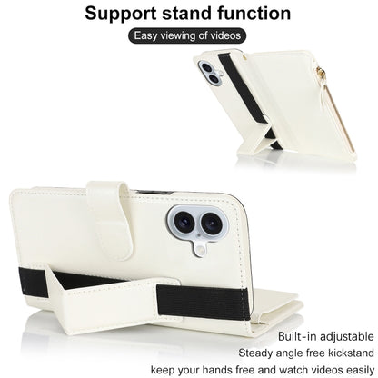 For iPhone 16 Wristband Holder Zipper Purse RFID Leather Phone Case(White) - iPhone 16 Cases by buy2fix | Online Shopping UK | buy2fix
