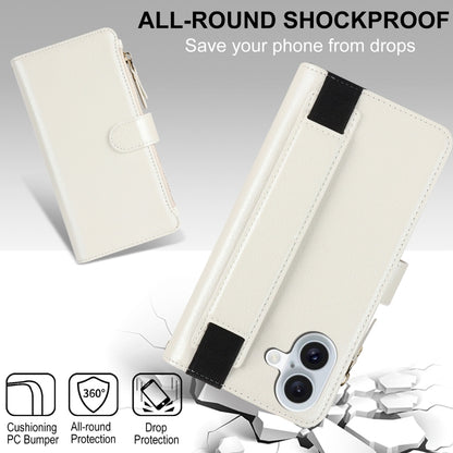 For iPhone 16 Wristband Holder Zipper Purse RFID Leather Phone Case(White) - iPhone 16 Cases by buy2fix | Online Shopping UK | buy2fix