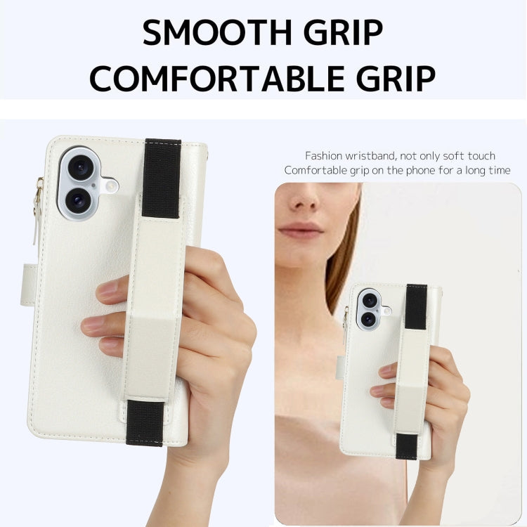 For iPhone 16 Wristband Holder Zipper Purse RFID Leather Phone Case(White) - iPhone 16 Cases by buy2fix | Online Shopping UK | buy2fix