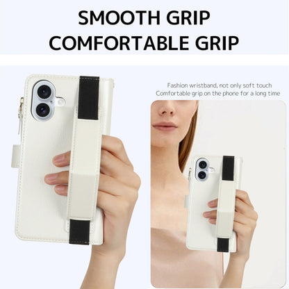 For iPhone 16 Wristband Holder Zipper Purse RFID Leather Phone Case(White) - iPhone 16 Cases by buy2fix | Online Shopping UK | buy2fix