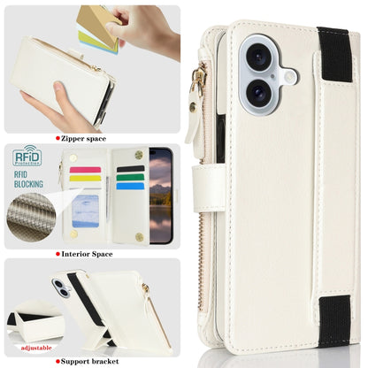 For iPhone 16 Wristband Holder Zipper Purse RFID Leather Phone Case(White) - iPhone 16 Cases by buy2fix | Online Shopping UK | buy2fix
