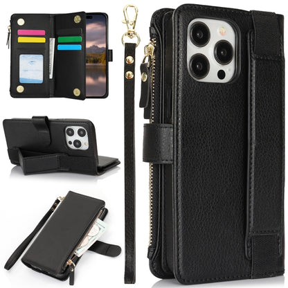 For iPhone 16 Pro Wristband Holder Zipper Purse RFID Leather Phone Case(Black) - iPhone 16 Pro Cases by buy2fix | Online Shopping UK | buy2fix