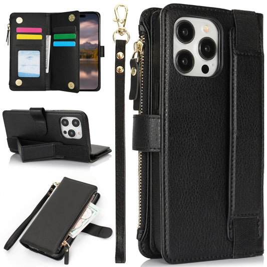 For iPhone 16 Pro Wristband Holder Zipper Purse RFID Leather Phone Case(Black) - iPhone 16 Pro Cases by buy2fix | Online Shopping UK | buy2fix