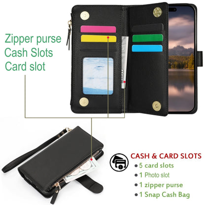 For iPhone 16 Pro Wristband Holder Zipper Purse RFID Leather Phone Case(Black) - iPhone 16 Pro Cases by buy2fix | Online Shopping UK | buy2fix