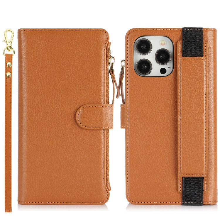 For iPhone 16 Pro Wristband Holder Zipper Purse RFID Leather Phone Case(Brown) - iPhone 16 Pro Cases by buy2fix | Online Shopping UK | buy2fix