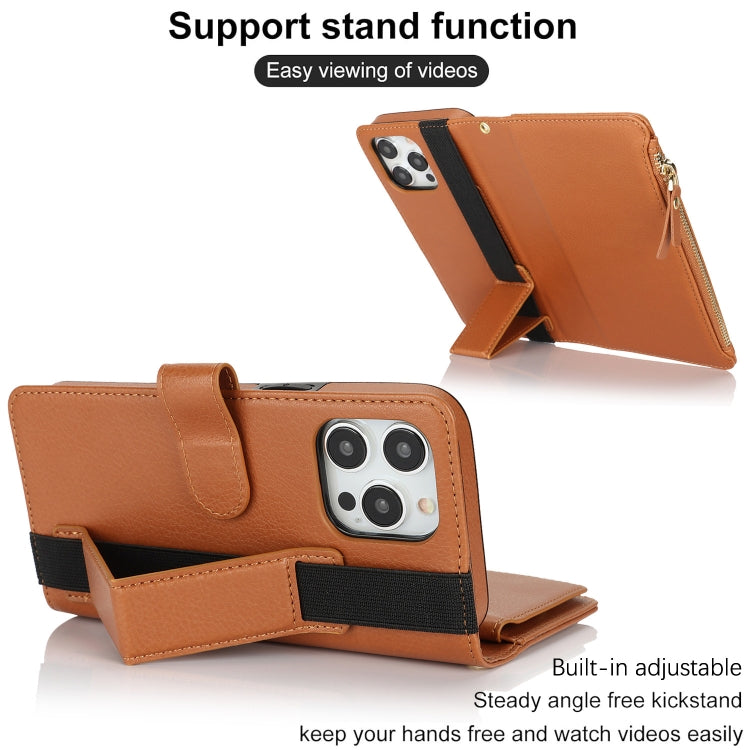 For iPhone 16 Pro Wristband Holder Zipper Purse RFID Leather Phone Case(Brown) - iPhone 16 Pro Cases by buy2fix | Online Shopping UK | buy2fix