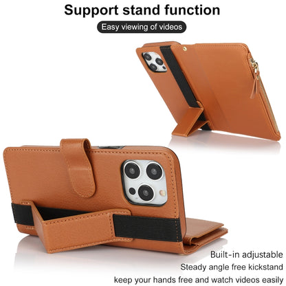 For iPhone 16 Pro Wristband Holder Zipper Purse RFID Leather Phone Case(Brown) - iPhone 16 Pro Cases by buy2fix | Online Shopping UK | buy2fix