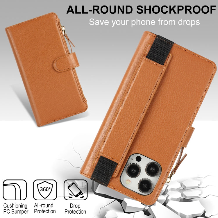 For iPhone 16 Pro Wristband Holder Zipper Purse RFID Leather Phone Case(Brown) - iPhone 16 Pro Cases by buy2fix | Online Shopping UK | buy2fix
