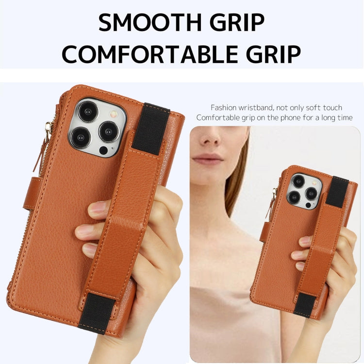 For iPhone 16 Pro Wristband Holder Zipper Purse RFID Leather Phone Case(Brown) - iPhone 16 Pro Cases by buy2fix | Online Shopping UK | buy2fix