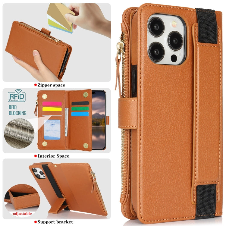 For iPhone 16 Pro Wristband Holder Zipper Purse RFID Leather Phone Case(Brown) - iPhone 16 Pro Cases by buy2fix | Online Shopping UK | buy2fix