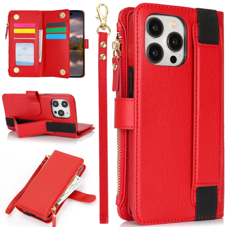 For iPhone 16 Pro Wristband Holder Zipper Purse RFID Leather Phone Case(Red) - iPhone 16 Pro Cases by buy2fix | Online Shopping UK | buy2fix