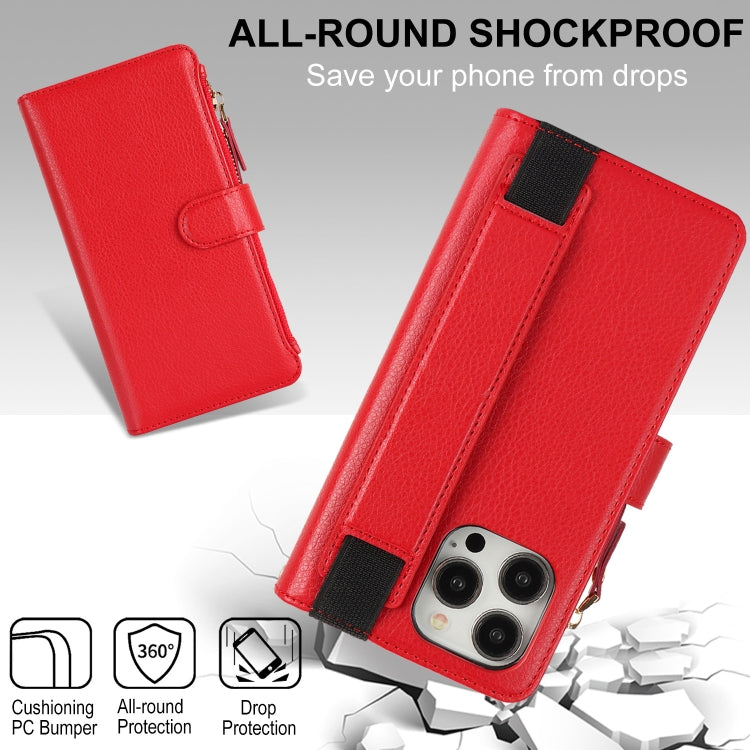 For iPhone 16 Pro Wristband Holder Zipper Purse RFID Leather Phone Case(Red) - iPhone 16 Pro Cases by buy2fix | Online Shopping UK | buy2fix